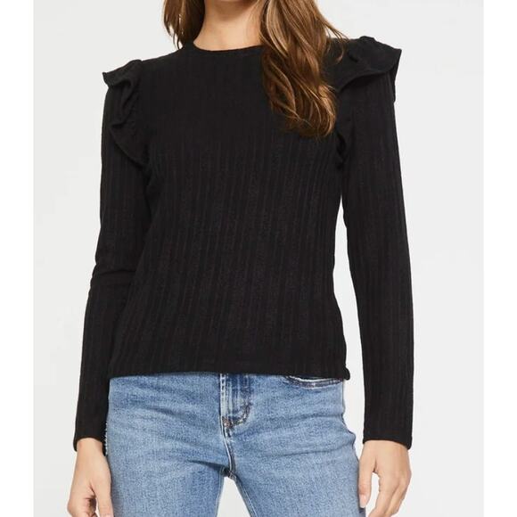 Another Love Small S Black Elvina Ruffle Long Sleeve Top Crew Neck Ribbed Fitted - Picture 9 of 10